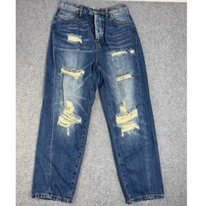 Sandrine Rose Womens 28 Distressed Cinch Back Straight Leg Jeans Blue Denim